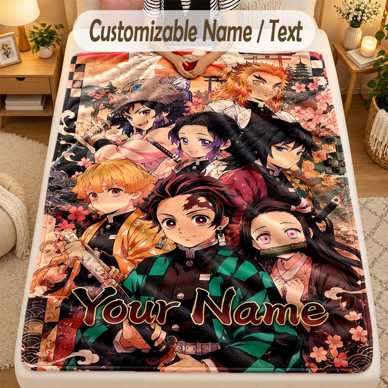 Flannel BlanketDemon Slayer Custom Name Text Personalized Soft Warm Throw Blanket Home Decor Gift