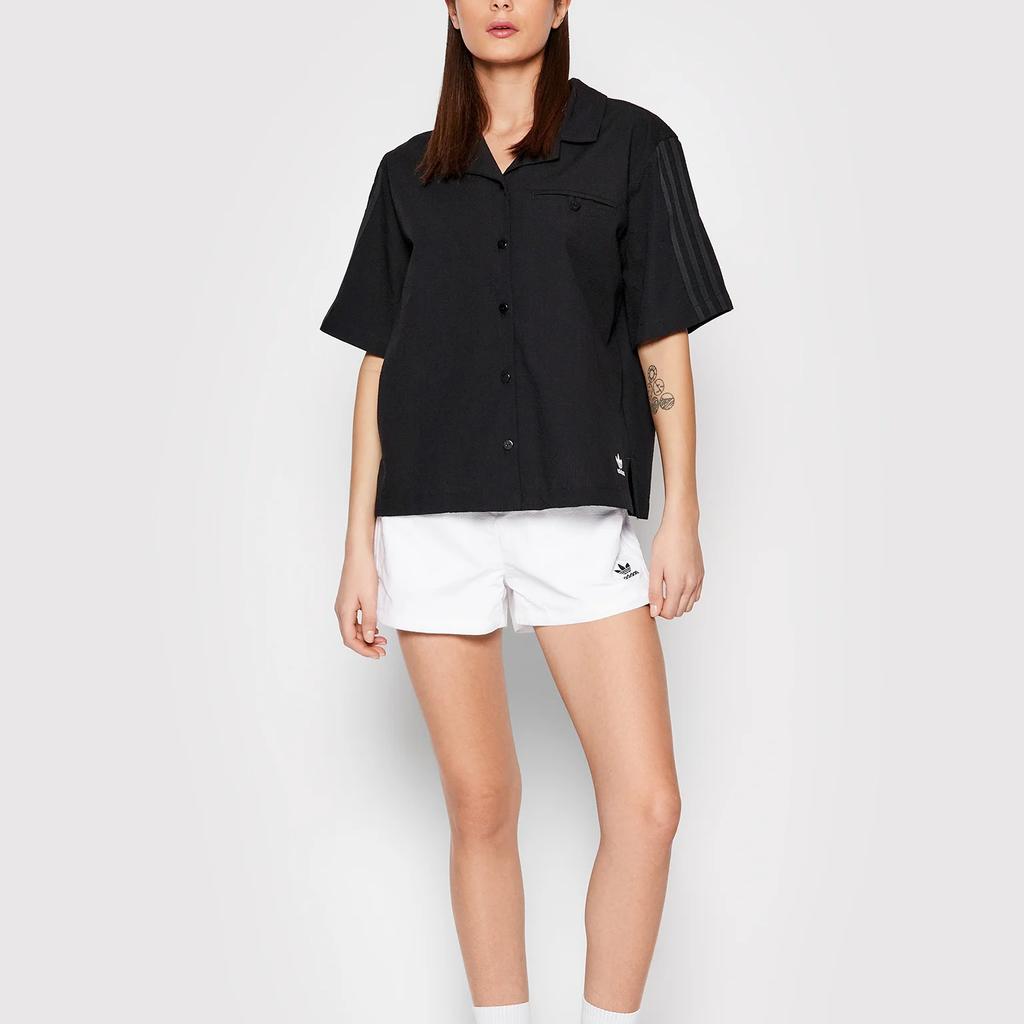 adidas Originals Trefoil Solid Stripe Single-Breasted Short Sleeve Shirt Women Tops Black HC2055