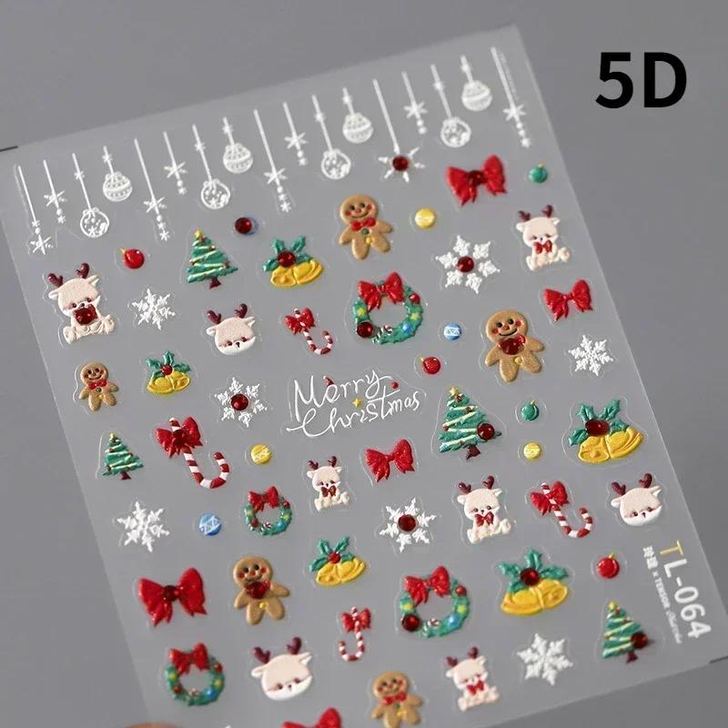 Gold Stamped White Christmas Tree Snowflake 3D Self Adhesive Nail Art Stickers Santa Claus Elk Xmas Cartoon Cute Manicure Decals