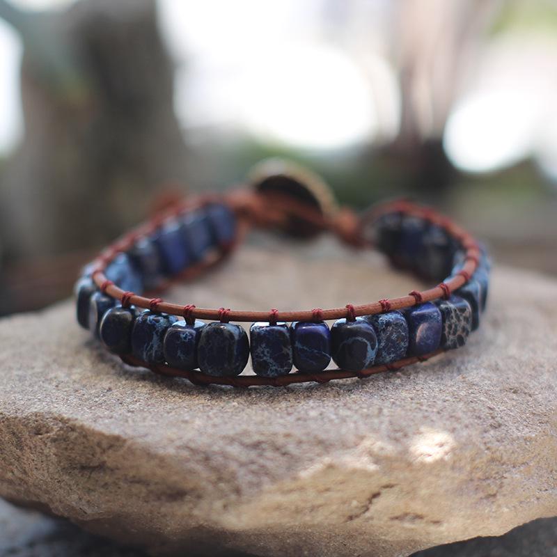 Freeform Shoushan Stone 5x7 Emperor Leather Woven Bohemian Bracelet