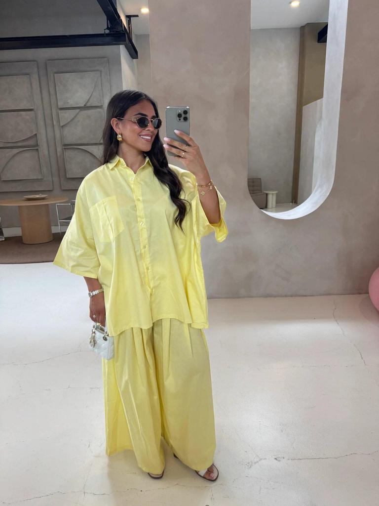 2025 Summer Yellow Pleated Women's Casual Shirt and Loose Pants Set - European and American Design.