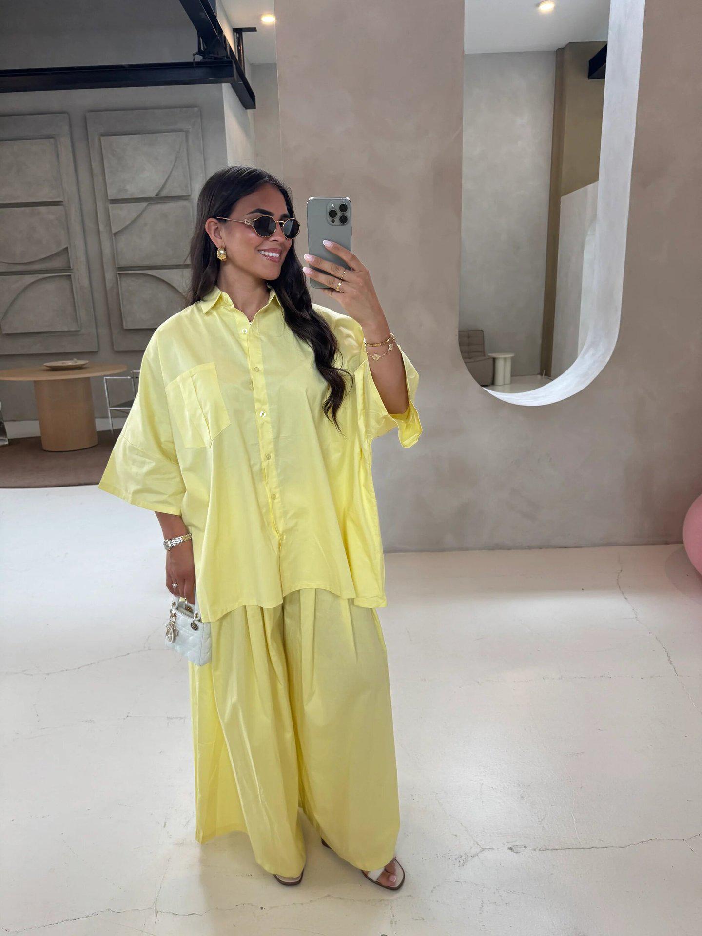 2025 Summer Yellow Pleated Women s Casual Shirt and Loose Pants Set - European and American Design. XXL жёлтый