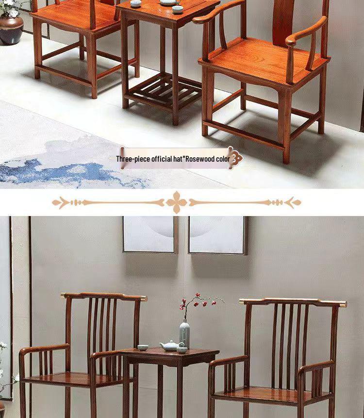 Solid Wood Chinese Style Round Chair Set: 3-Piece with Backrest and Tea Table, Antique Design for Balcony or Leisure.