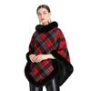 Womens Plaid Faux Rex Rabbit Fur Collar Cape Knit Sweater Coat Thick Warm Winter Hooded-Free Style