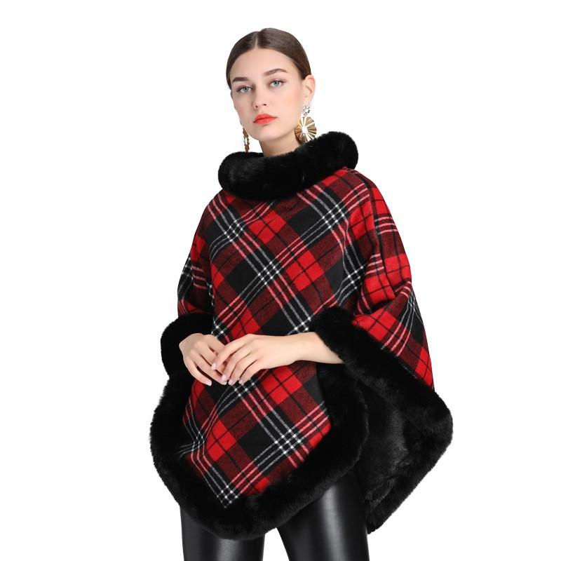Womens Plaid Faux Rex Rabbit Fur Collar Cape Knit Sweater Coat Thick Warm Winter Hooded-Free Style