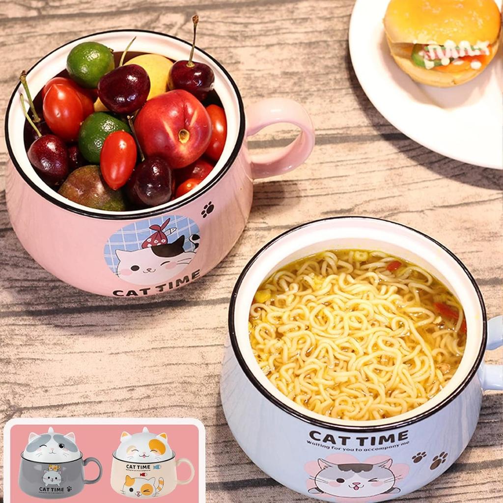 Ramen Bowl with Handle and Lid - Ceramic Instant Noodle Bowl for Soup, Salad, Cereal (Blue)