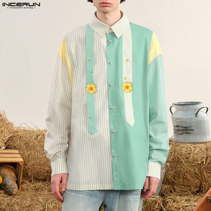 INCERUN Oversized Men Lapel Neck Long Sleeve Striped 3D Flowers Casual Loose Shirts