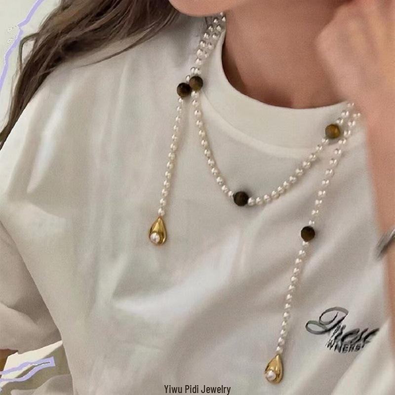 Maillard Tiger's Eye Brown Pearl Beaded Necklace - High-End Women's Sweater Chain for Autumn/Winter 2025