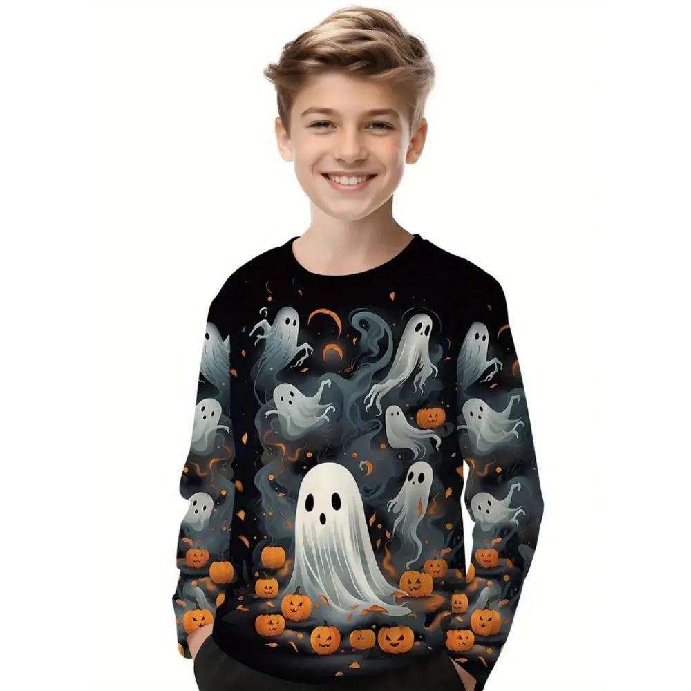 Halloween Children's 3D Digital Printed Boys' Fashionable and Comfortable Round Neck Long Sleeved T-shirt