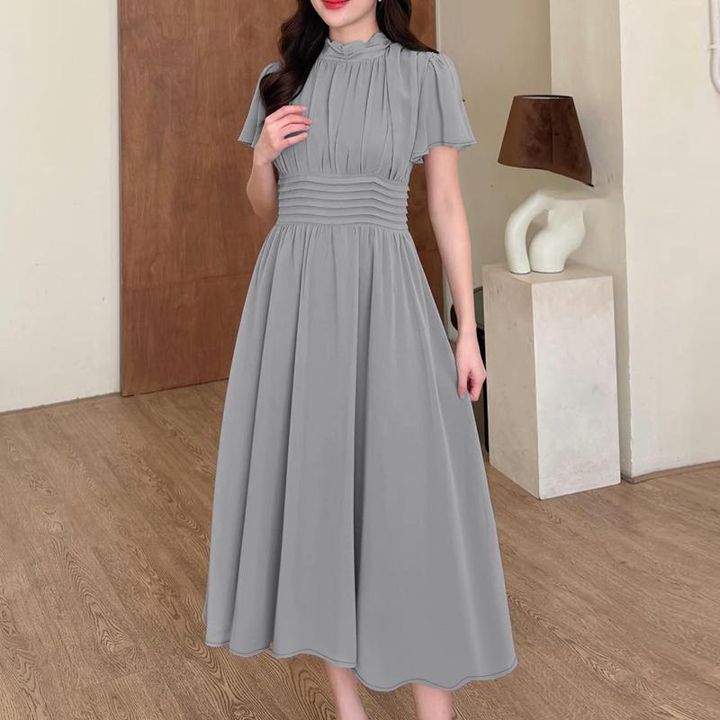 ZANZEA Women Casual Stand Collar Solid Color Summer Short Sleeve Dress M