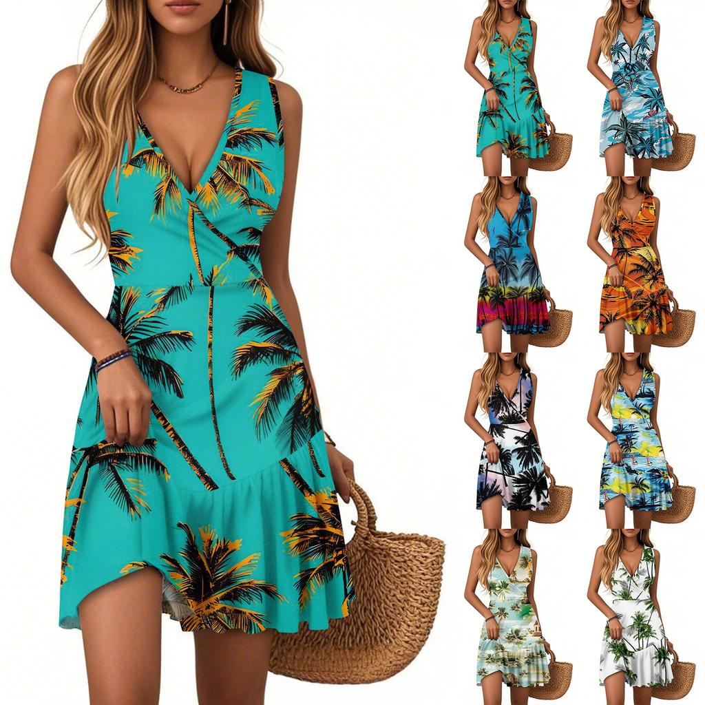 Damen Sommerkleid V-Ausschnitt Ärmellos Lässig Hawaiianischer Druck Saum Plissiertes Kleid