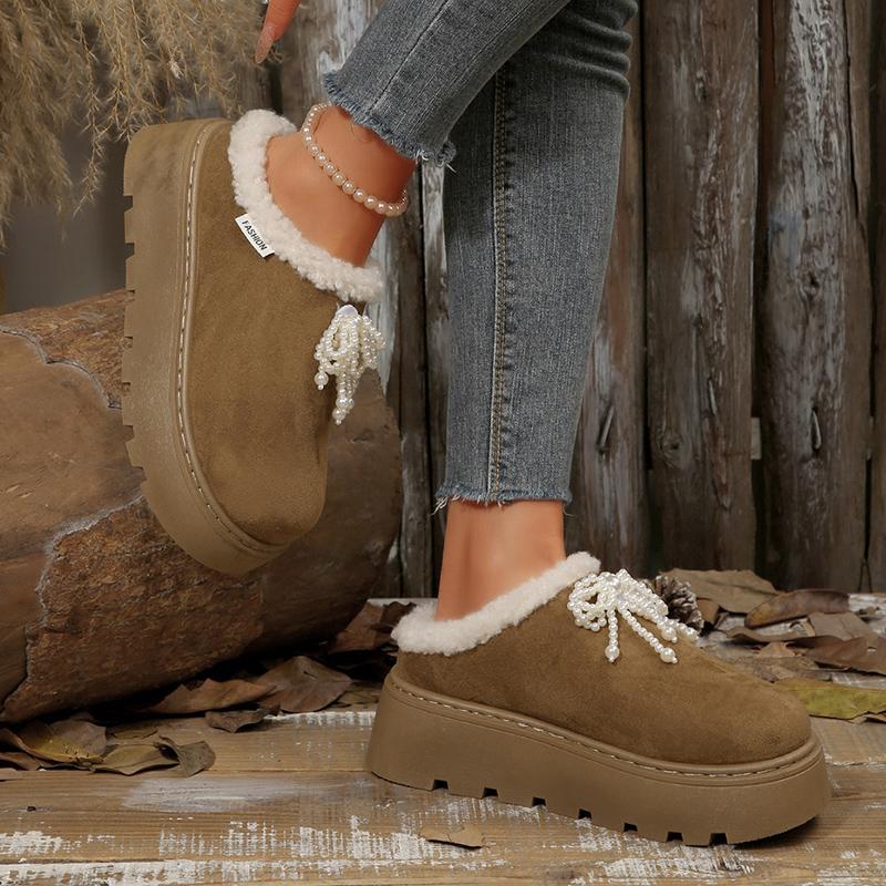Fashion Pearls Decor Thick Sole Plush Slippers Women Outdoor Warm Winter Cotton Shoes Woman Plus Size 36-43 Non Slip Snow Boots