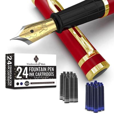 Wordsworth & Black Fountain Pen Set, 18K Plated Medium Nib, 24 Pack Ink Cartridges, Ink Refill Converter & Gift Box, Gold Finish, Calligraphy, [Crimso