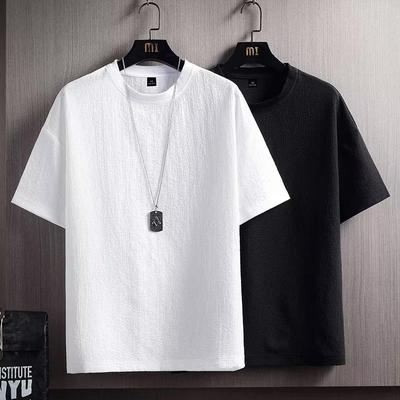 Herren Sommer Leinen T-Shirt mit Eis-Seide, lockere Passform, 2023 trendiger Halarm