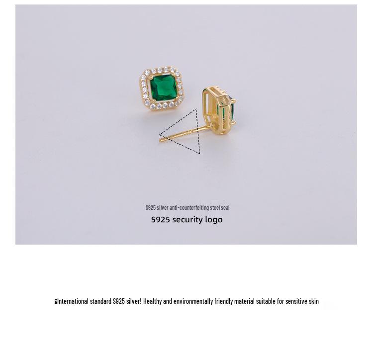 S925 Silver Retro Emerald Diamond Square Earrings - Women's Luxury Green Fashion Jewelry