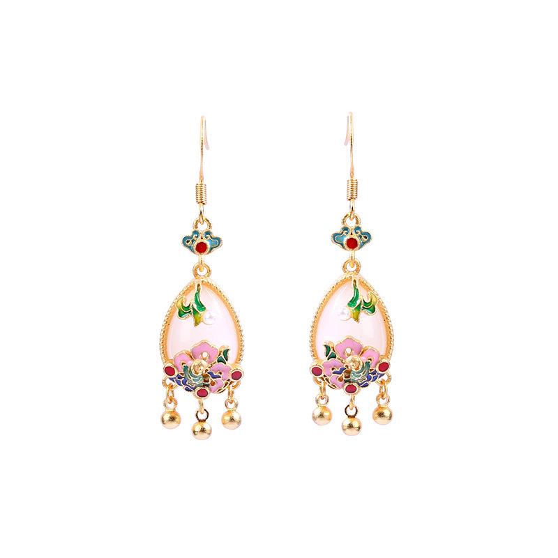 925 Sterling Silver Chinese Enamel Earrings - Gradient Blooming Flower Design with Imitation Jade for Women, Qipao Hanfu Style