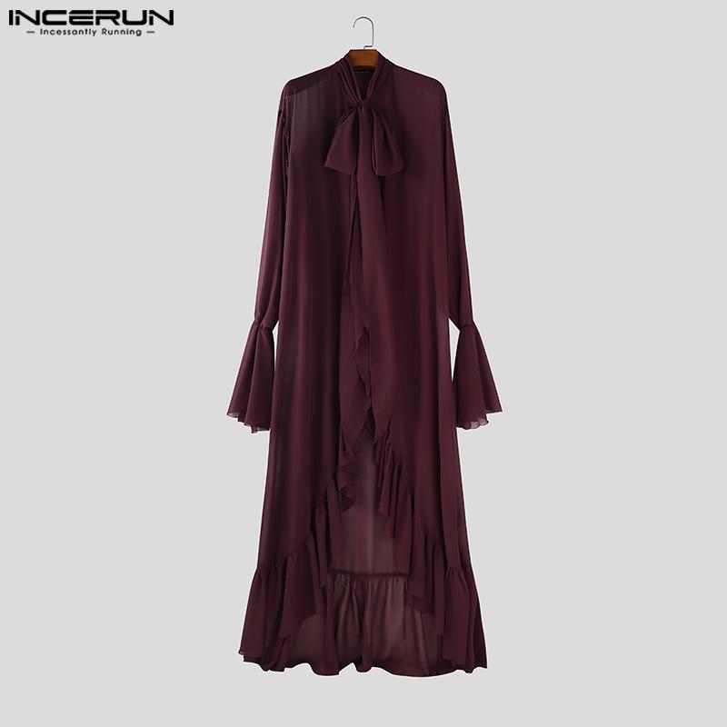 INCERUN Men Tie Up Neck Long Sleeve Ruffled Irregular Layers Mesh Long Tops Party Clubwear T-shirts