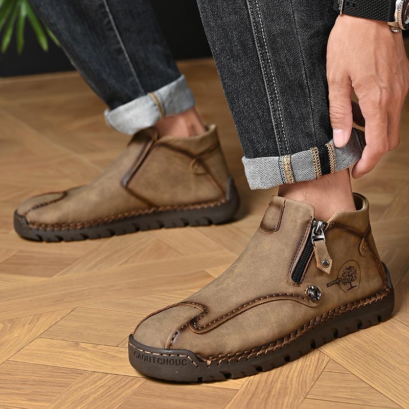 Spring Leather Men Short Boots Autumn Lace up Flats Medium top Shoes Outdoor Male Breathable Casual Shoes Handmade Mens Boots