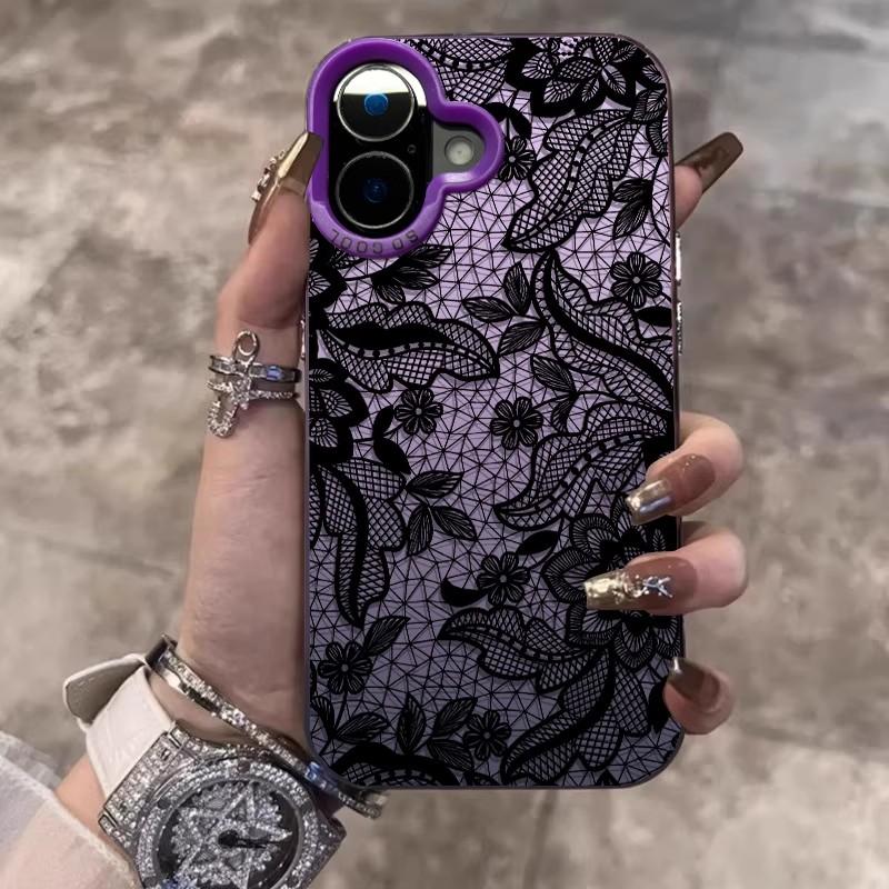 Black Lace Pattern Phone Case For iPhone 17 16e 16 15 14 mini Pro Max X XR XSMAX 8 7 Air Plus Anti Fall Matte Cover