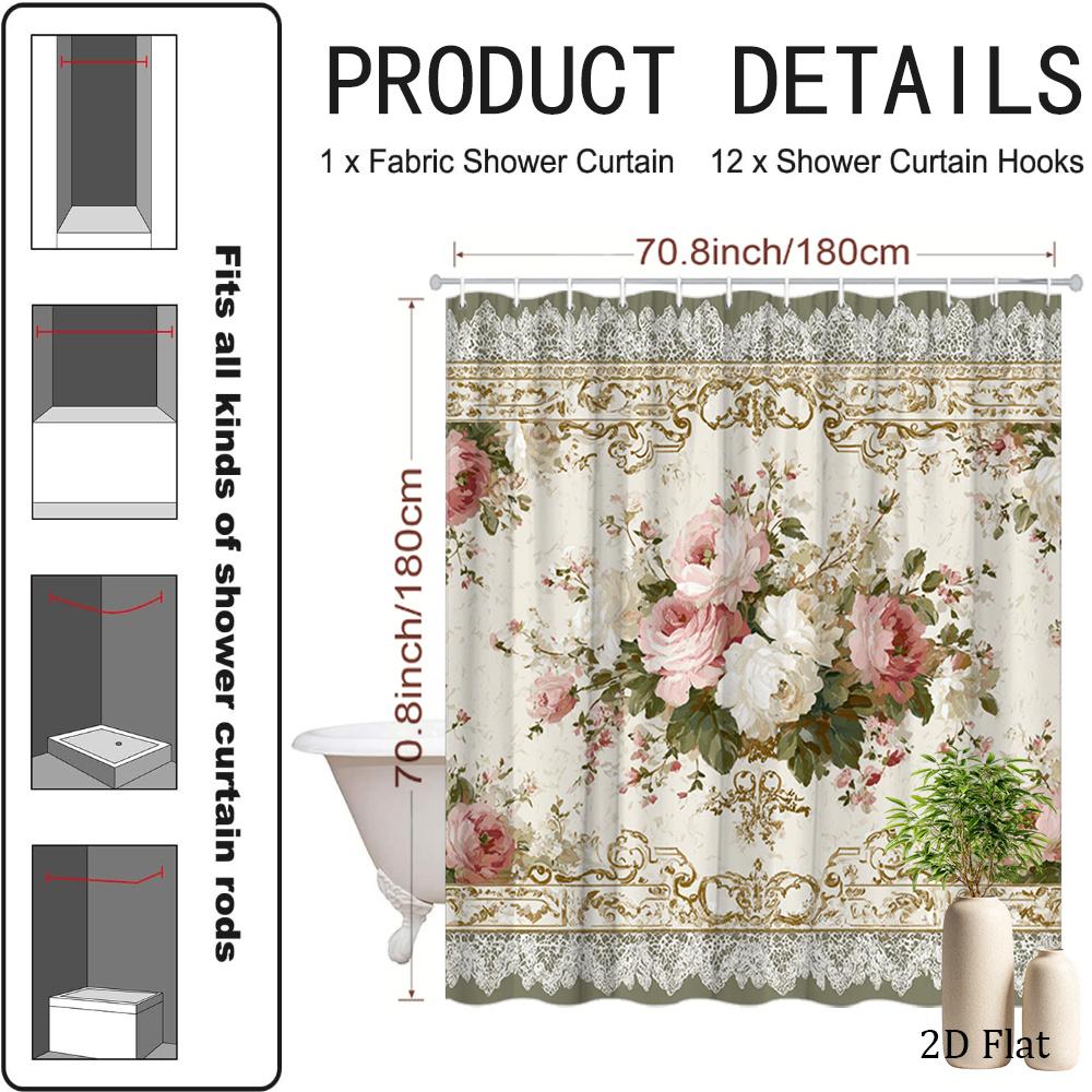 2D Flat, 1pc 2D Flat Floral Shower Curtain Vintage Rose Design Bathroom Decor Bathtub Partition Hanging Curtain Includes 12 Hook