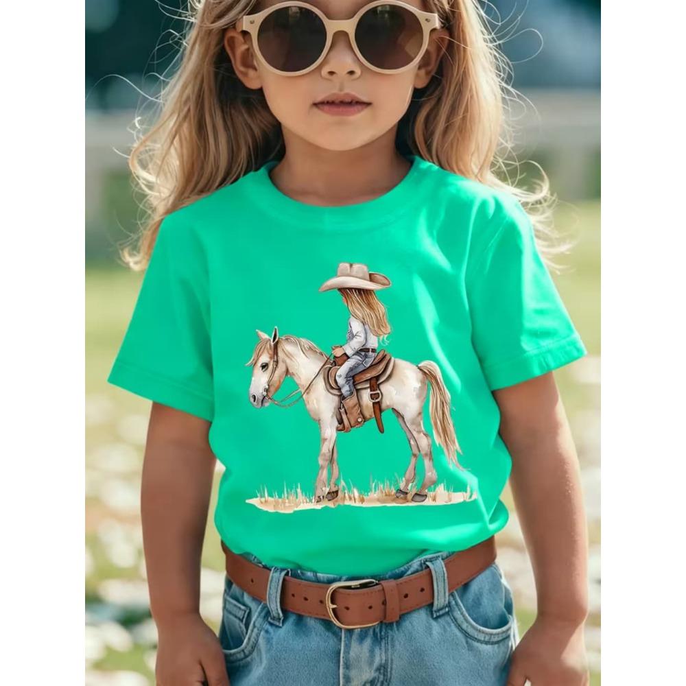 Girl Clothes Cow Girl Riding Horse 3D Print T-Shirt Western Festival Casual Top Summer Short Sleeve Outdoor Children's Clothing