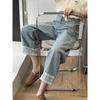 Women's Plus Size Light-Colored Wide-Leg Jeans with Lace Trim, Petite Nine-Point Loose Straight-Leg Pants
