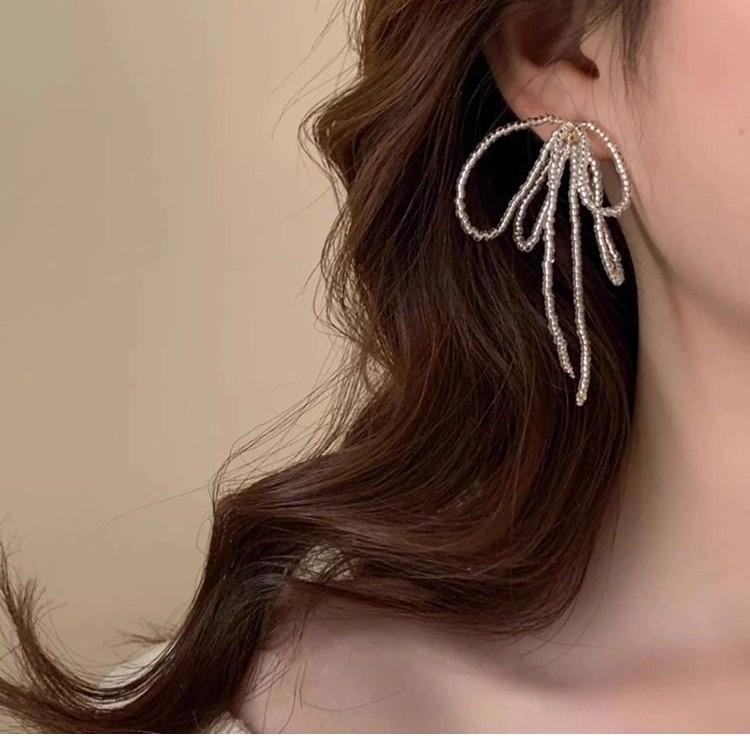 Gentle Temperament Beaded Bow Tassel Earrings - 925 Silver, Niche Design, Light Luxury, 2026 New Style
