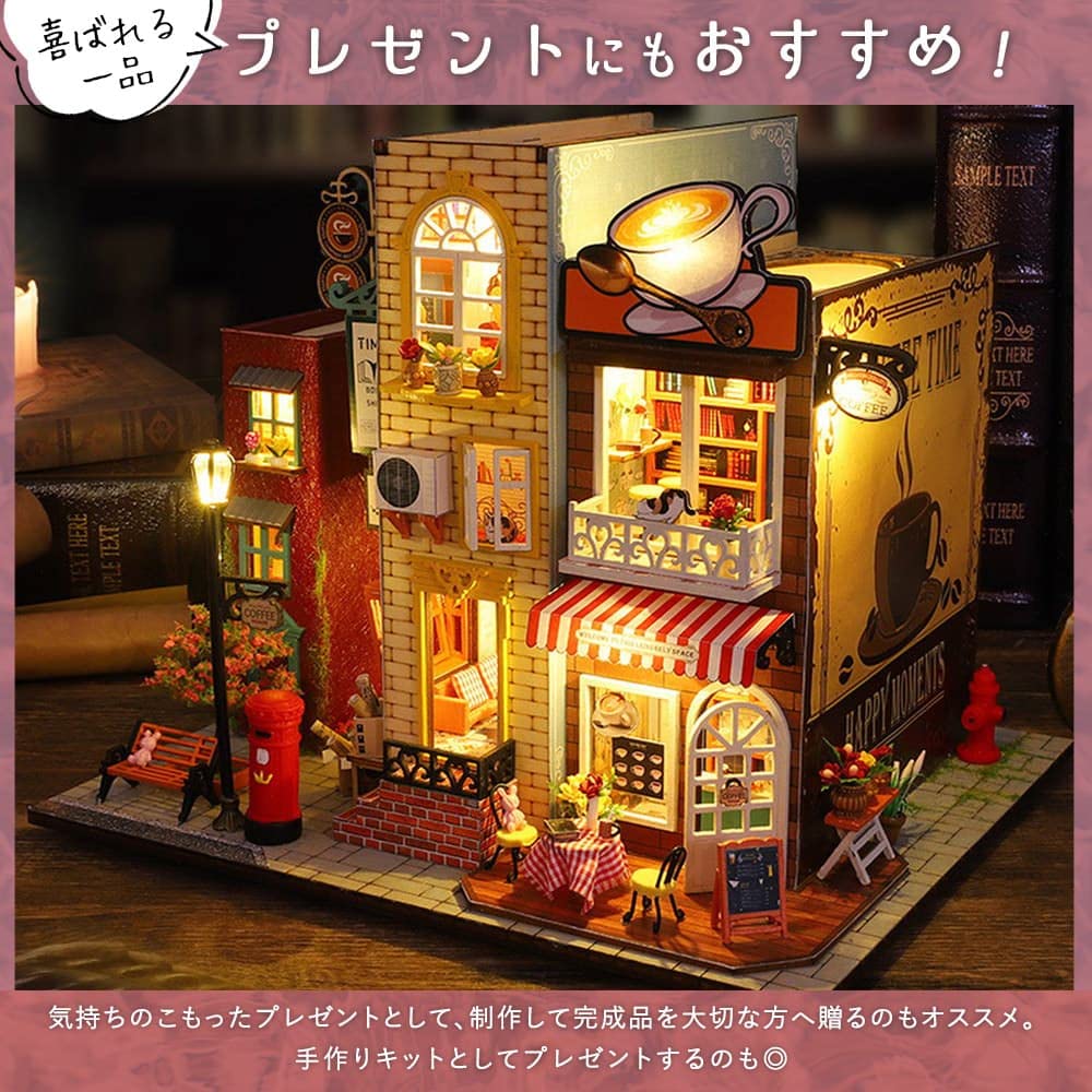 moin moin dollhouse miniature handmade kit set A small world inside a bookshelf book bookend stand bookshelf interior LED light acrylic case included