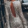 Women Dress Shiny Sequin Hollow Out Back Long Sleeve Loose Soft Round Neck Split Cuff Sheath Individual Streetwear Club Party Dance Mini Dress