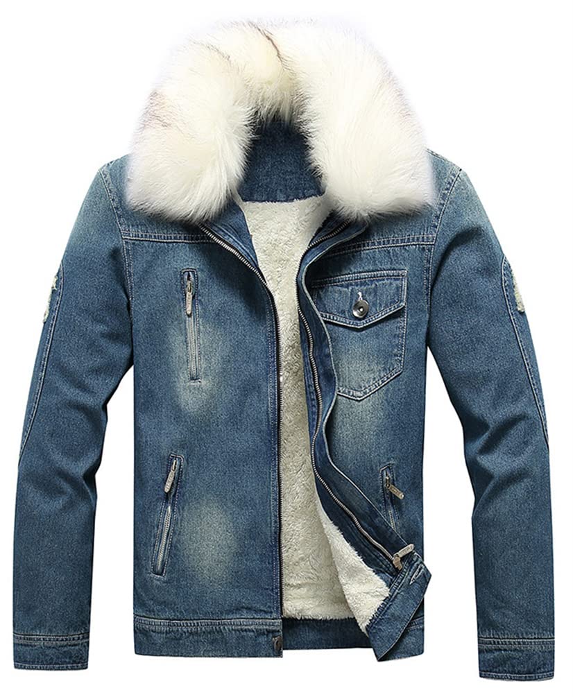 

ZHENGTU Джинсовая Длинная Меховая Короткая Верхняя одежда для Холодной Погоды Джинсовая Куртка Мужская Куртка на Флисовой Подкладке, Рукава, Воротник, Молния, Куртка, Толстая, Теплая, Повседневная,