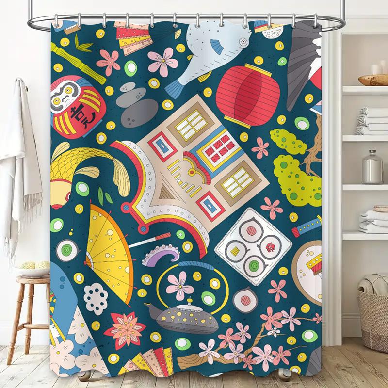 Decorate your bathroom with this vibrant shower curtain featuring a fun mix of Japanese elements like koi fish, sushi, and lucky