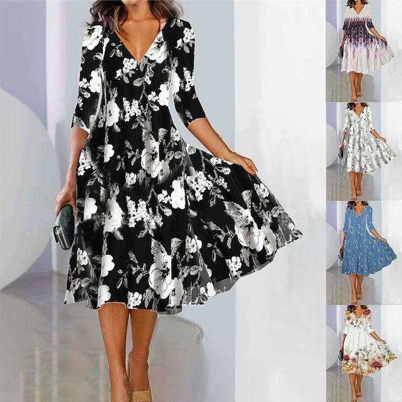 Women's Summer Midi Dress V-Neck Half Sleeve A-Line Dresses Casual Printed Boho Beach Dress
