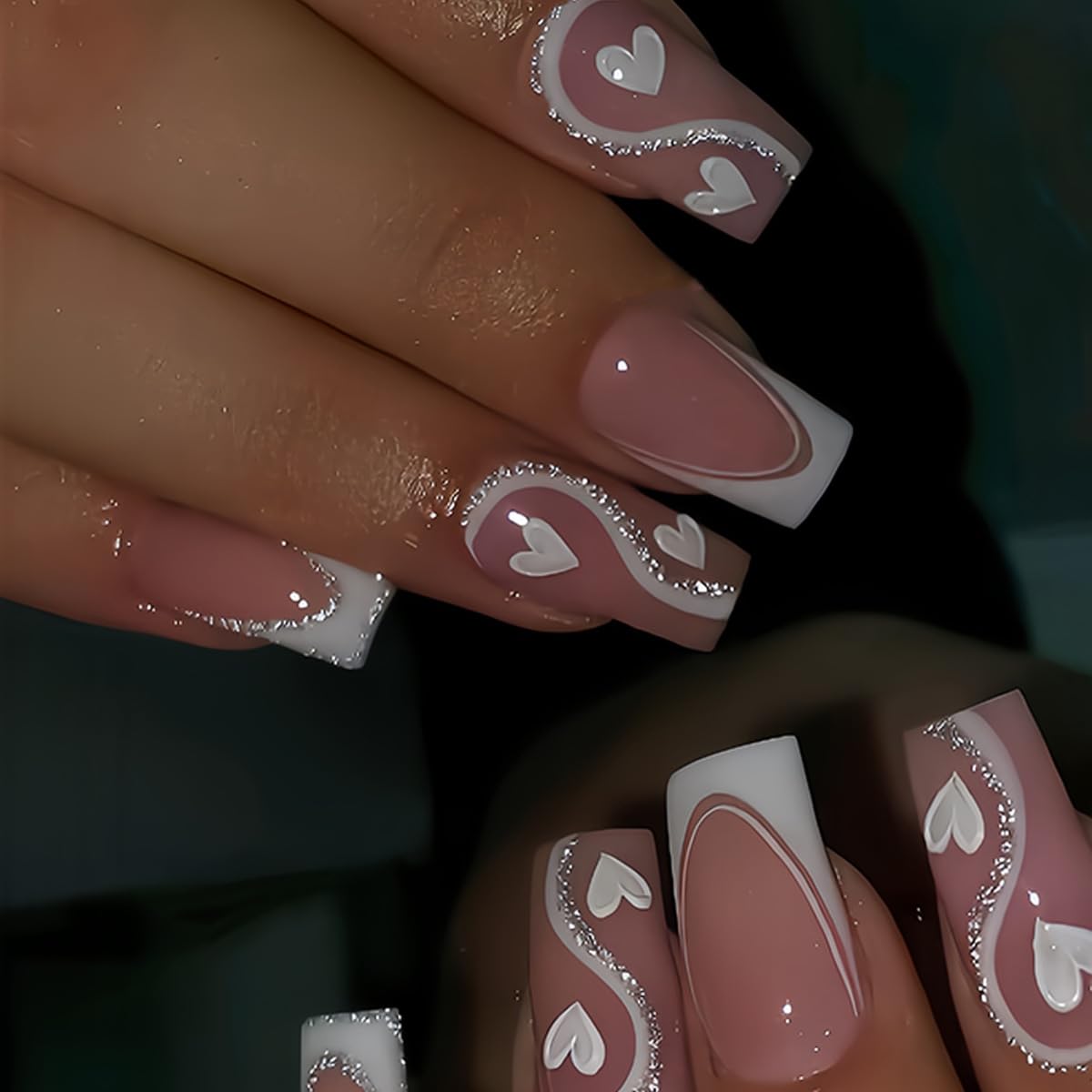 24Pcs White French Tip Press on Nails Short Square Fake Nails Glitter Design Full Cover Glossy on Nails Reusable Artificial Nude Pink Stick on Nail 1 Count (pack of 24)