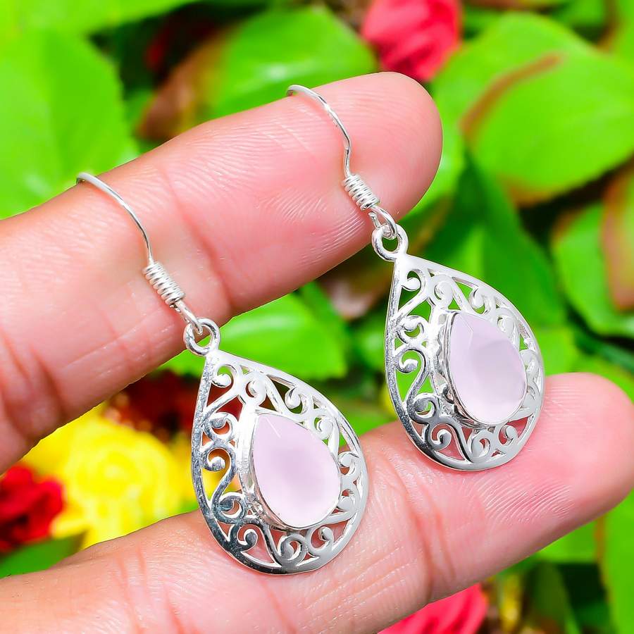 Natural Rose Quartz Gemstone Handmade 925 Sterling Silver Earring 1.65" L2E70