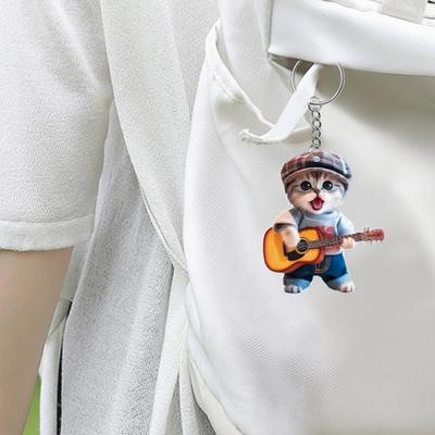 1/2Pcs Guitar Cat Acrylic Hanging Decoration 2D Flat Cartoon Dog Backpack Handbag Hanging Ornament Keychain Pendant