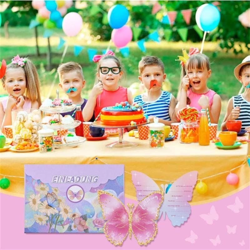 Schmetterling Einladungsbrief Für Kindergeburtstag, 12 Einladungsbriefe Für Mädchen Und Jungen Geburtstag, Umschlag, Siegelstreifen