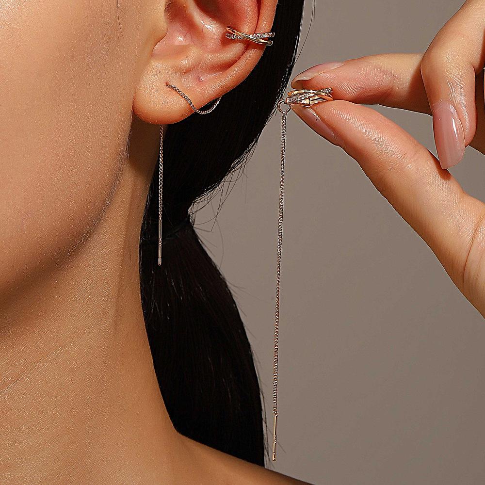 European & American Long Tassel Chain Clip-On Earrings - Versatile Fairy-Inspired Korean Style for Women