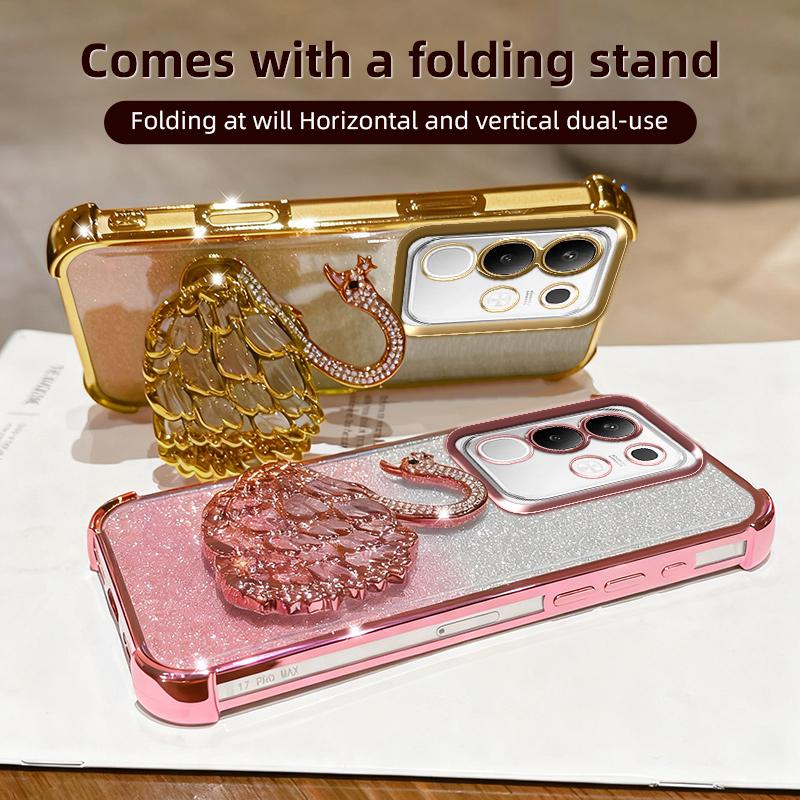 KEYSION Shockproof Plating Phone Case for VIVO Y29 4G Clear Soft TPU Glitter Jewelled Swan Kickstand Back Cover for IQOO Z10X 5G