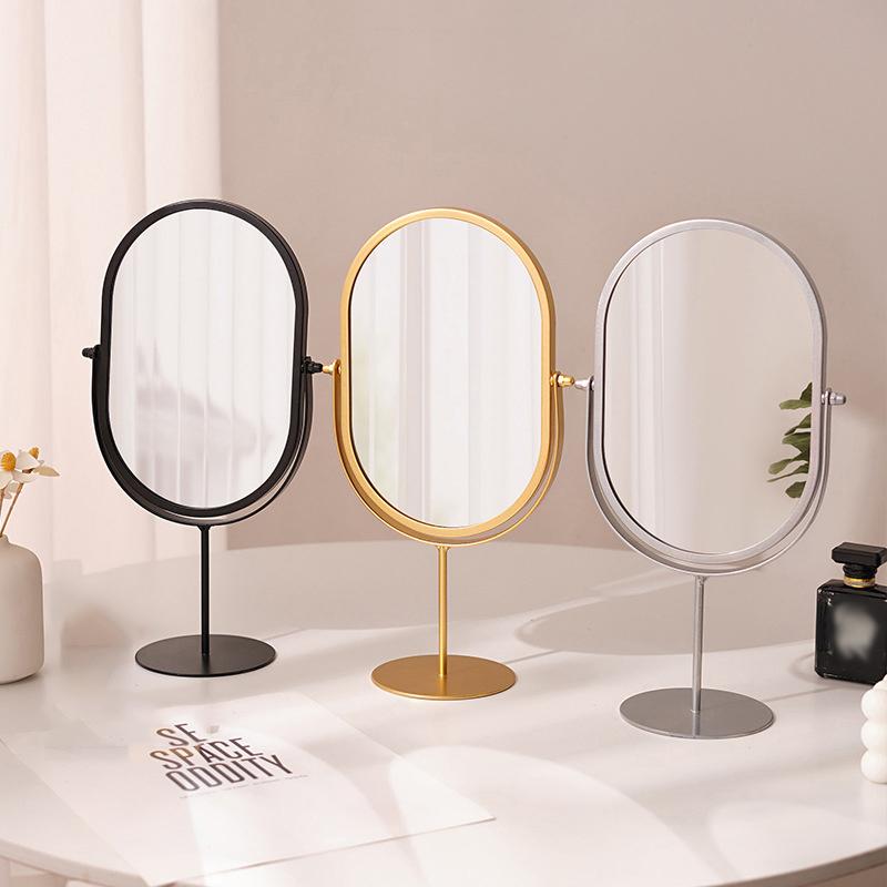 New Desktop Makeup Mirror Household Bedroom Vanity Mirror Iron Frame Oval Cosmetic Mirrors Two Style Flat Base and Storage Base