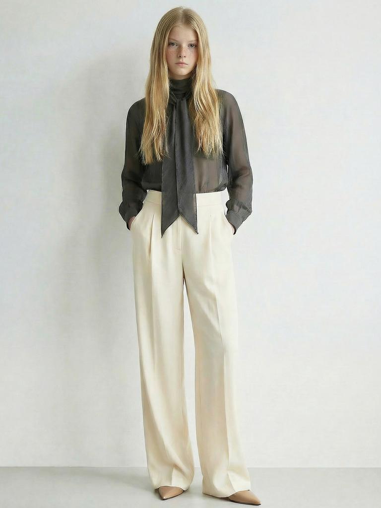 STAY WITH ME Scarf Neck Sheer Blouse_Charcoal Grey