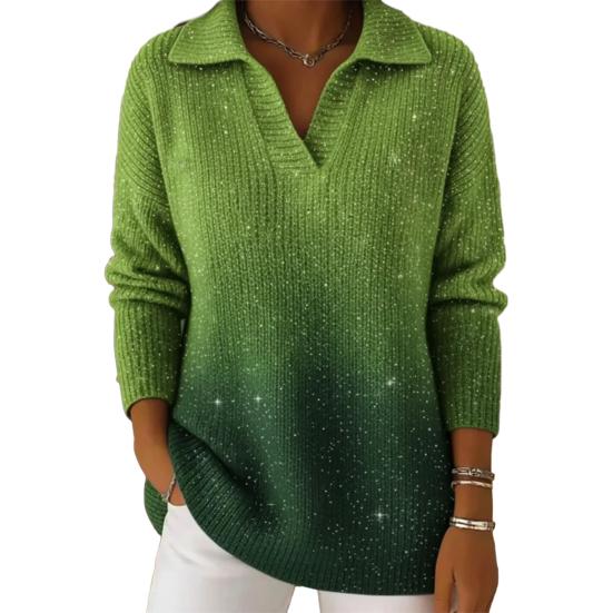 Women Sweater Lapel Long Sleeve Shimmering Sequin Detail Gradient Design Loose Fit Knitting Tops Loose Fit Winter Knitwear