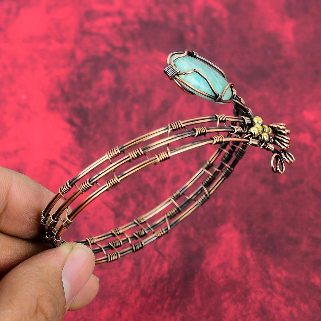 Amazonite Gemstone Cuff Bracelet Copper Wire Wrapped Bangle Handmade Copper Jewelry Adjustable Cuff Unique Bangle Wire Wrap Jewelry For Gift