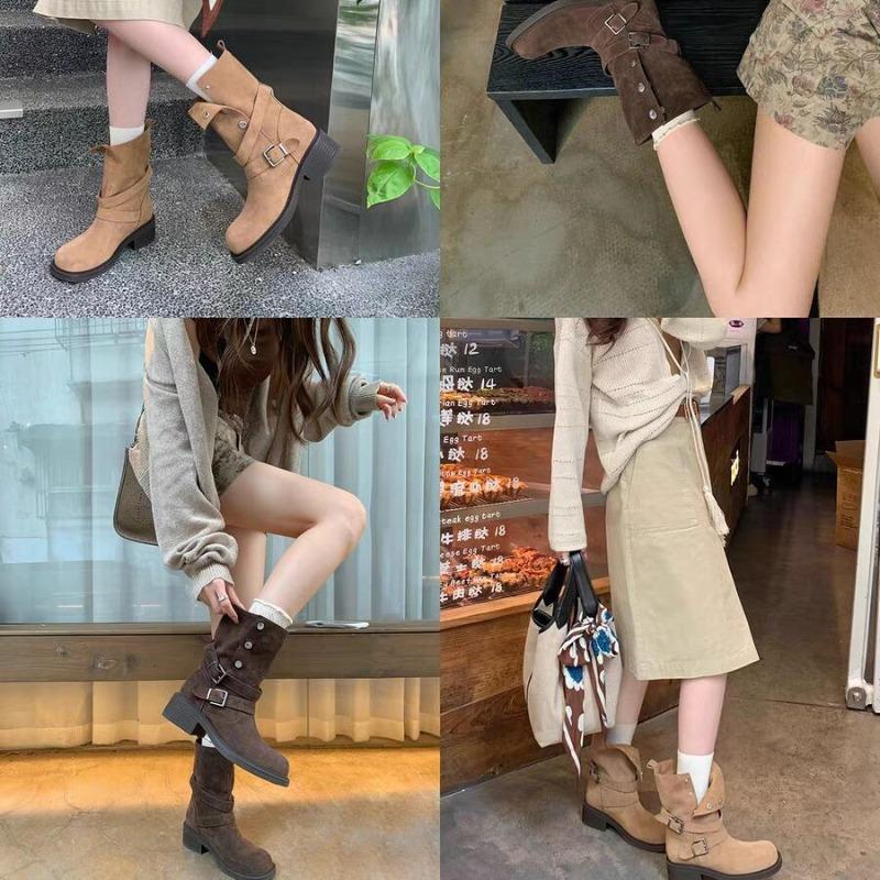 ~ Autumn Maillard Folded Two Buckle-strapped Cow Velvet Mid-boots