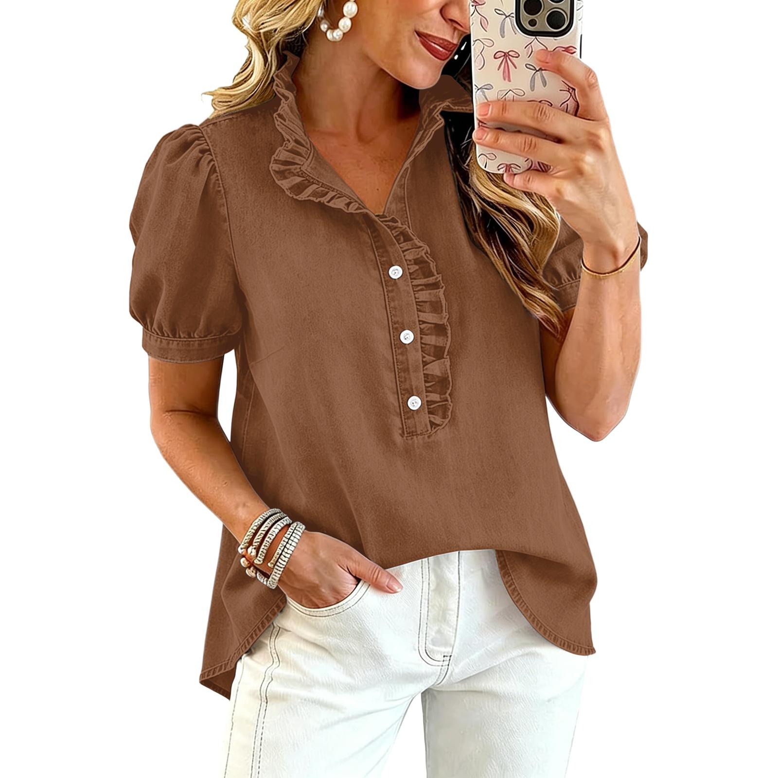 Women Ruffle V Neck Blouse Short Sleeve Casual Loose Fit Solid Top with Button Front and Puff Sleeves for Daily Wear XXL