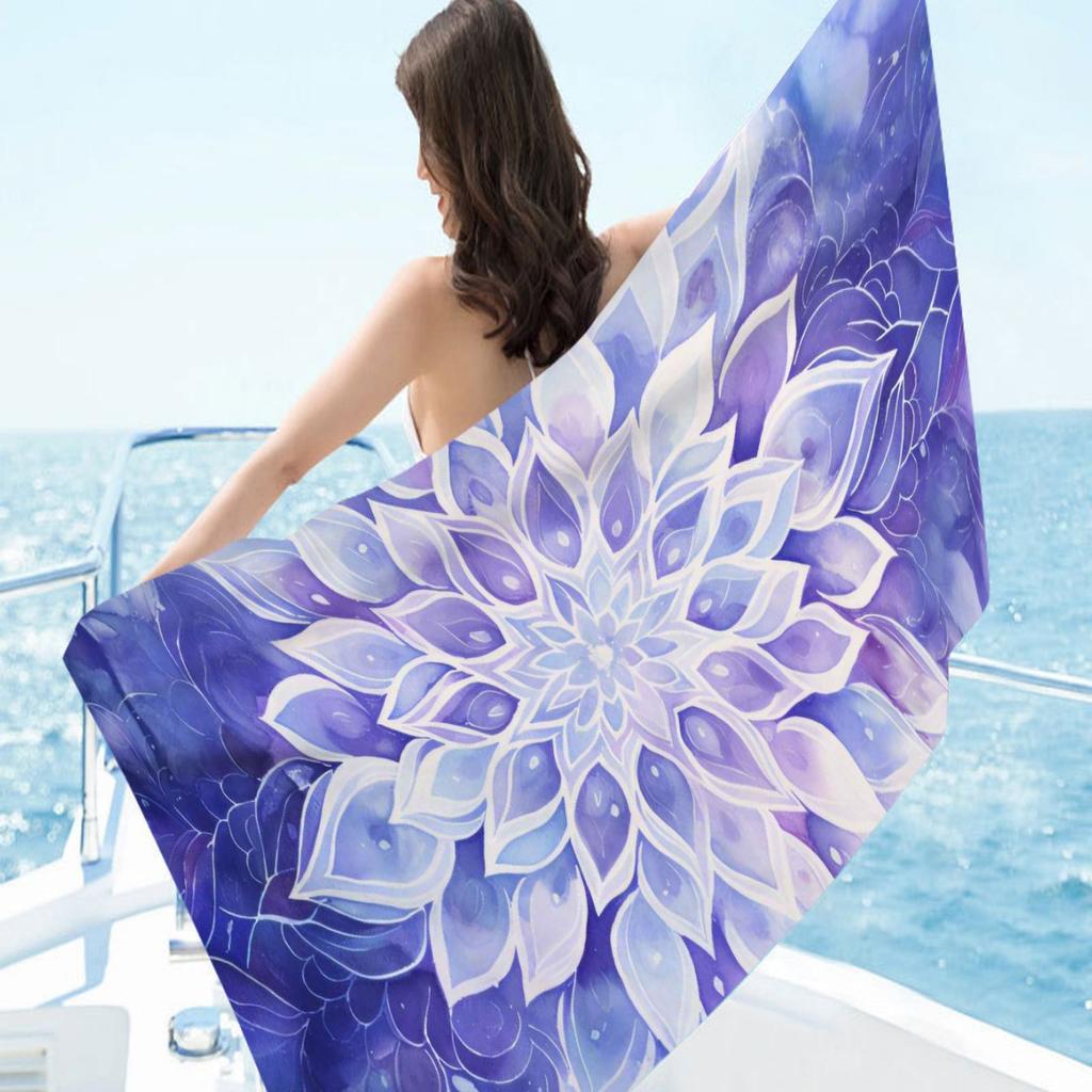 Mantra Print Pattern Digital-printed Polyester Superfine Fiber Double-sided Fleece Beach Vacation Bath Towel, Beach Towel