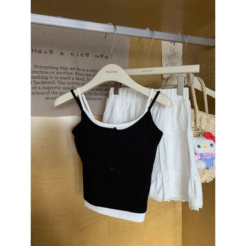 Kumikumi Pure Desire Style Contrast Color Fake Two-Piece Button Cami Women Summer Slim fit Slimming With Chest Pad Top