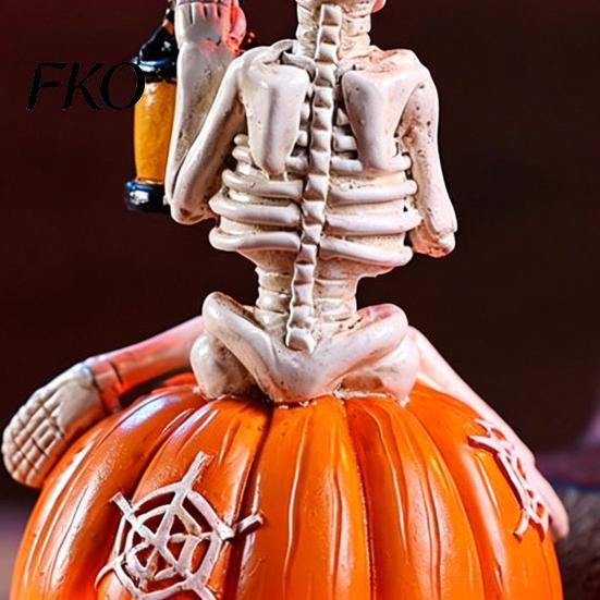 Glow In The Dark Skeleton Halloween Pumpkin Figurine, LED Light-Up Decorative Lantern, Spooky Night Decor Holiday Decoration for Parties &