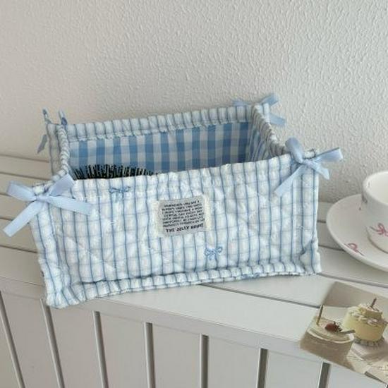 Korean Pink Plaid Quilted Storage Basket - Aesthetic Living Room & Bedside Organizer