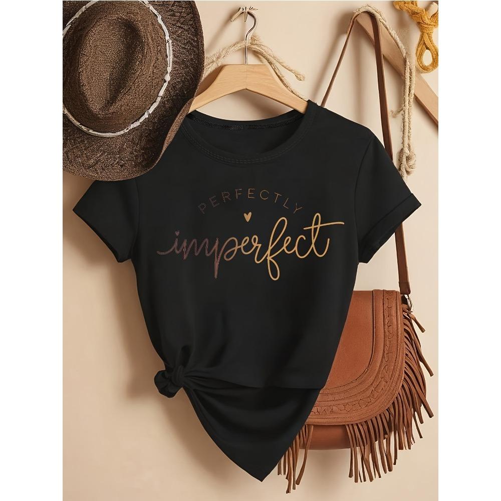 Womens Casual Crew Neck TShirt with Perfectly Imperfect Slogan Crew Neck Cotton Short Sleeve Letter Print Top