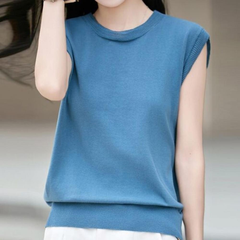 Navava Simple Basic Solid Sleeveless Round Neck Knit Tee Nk3656